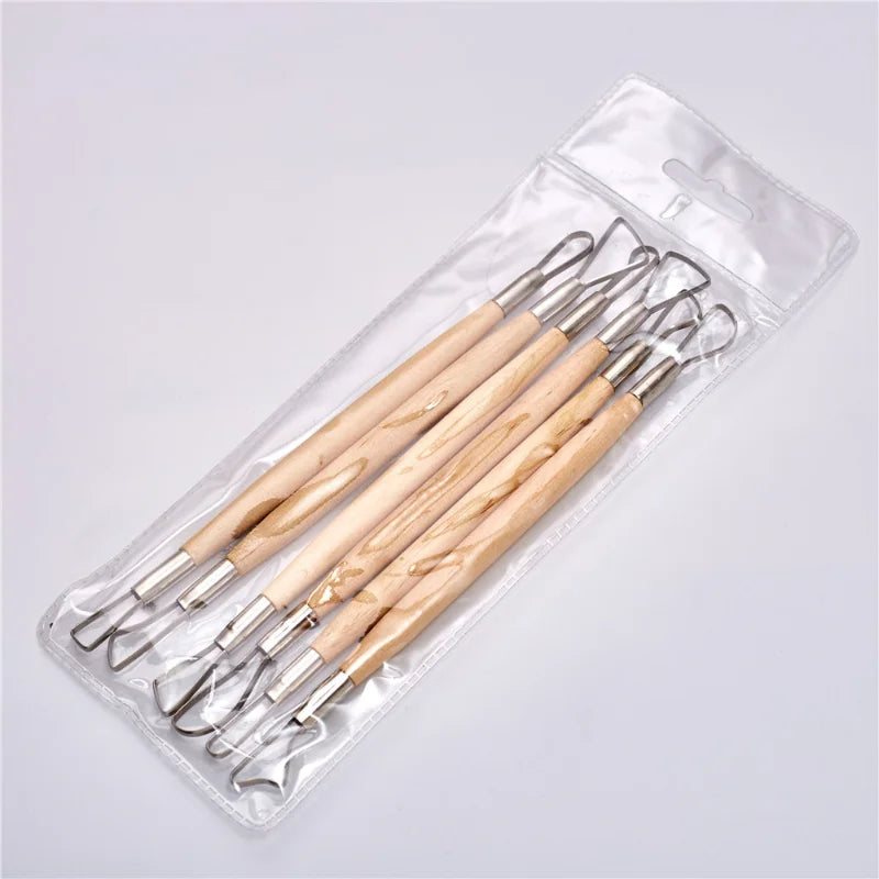 6PCS Wood Handle Wax Pottery Clay Sculpture Carving Tool DIY Craft Set Wood Knife Great