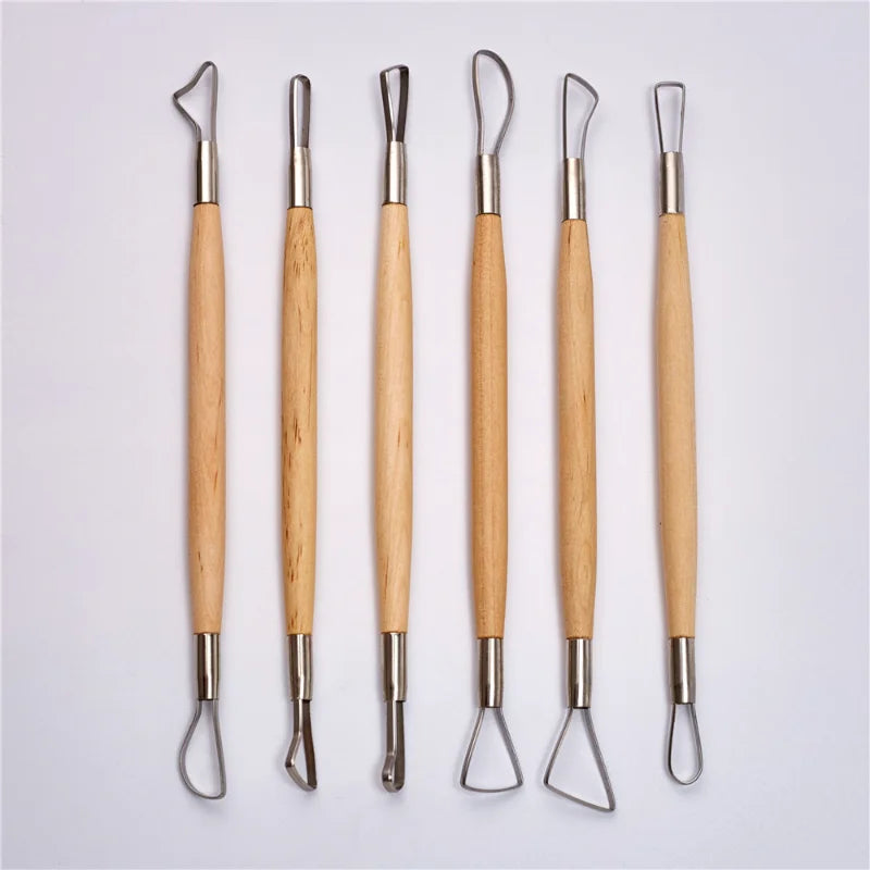 6PCS Wood Handle Wax Pottery Clay Sculpture Carving Tool DIY Craft Set Wood Knife Great